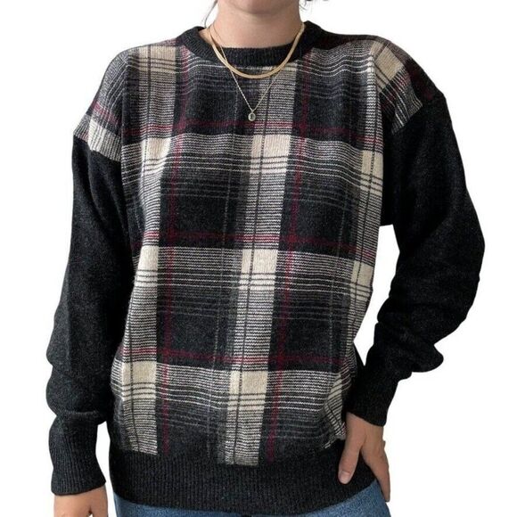Vintage John Ashford 100% Lambswool Plaid Preppy Fall Grunge Sweater Sz L - Picture 4 of 8
